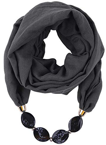 Generico Sciarpa ad anello con fazzoletto, da donna, per il collo, collana con perline, scialle con gioielli in tinta unita, Poliestere