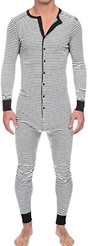 Cexiakong Mono para hombre a rayas, fino, ligero, transpirable, pijama de una pieza, cómodo, corte ajustado, traje de casa, traje de casa, largo, suave, ropa de noche, manga larga, mono, Blanco, XL
