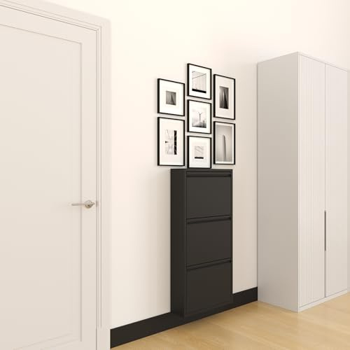 furni24 Schuhschrank Schmal – Platzsparender Metall-Schrank mit Magnetklappen, Platz für 6-10 Paar Schuhe, Robuster Hoher Schuhschrank, Wandmontierbar und Vormontiert - 3 Klappen, Schwarz