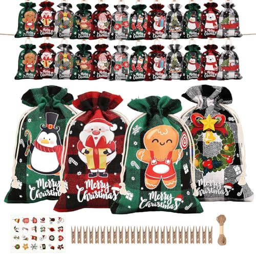 24 PCS Christmas Advent Calendar Bags, Reusable Christmas Burlap Gift Bags with Drawstring, Empty Bags DIY Make Your Own Advent Calendars for Xmas Christmas Decorations