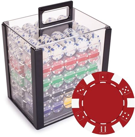 Playzaic 1000-piece Acrylic Striped Dice Poker Chip Case - 11.5-gram Clay Composite Set - Casino Chips for Texas Holdem, Blackjack - Betting Game Accessories