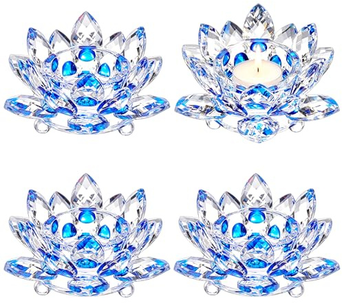 INTERWARM 4 Porte Bougie Chauffe Plat en Cristal en Forme de Lotus Porte Bougie Votive en Forme de Pétales de Lotus Support pour Bougie Chauffe Plat Décoration de Table Mariage Fête Ou Dîner Bleu