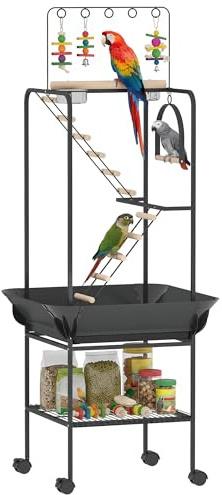 PawHut Parco giochi per uccelli, supporto per uccelli con ruote, scale, altalena, protezione per semi, vassoio, mangiatoie, gancio, mensola, mensola, per parrocchetti cacatua, 63 x 63 x 163 cm