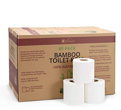 Vinsani 3 Ply Bamboo Toilet Rolls – 45 Rolls Super-Soft Toilet Paper 100% Natural Toilet Tissues in Plastic Free Eco Friendly Packaging Sustainable Tissue Paper | Compostable Loo Roll