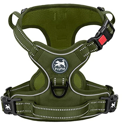PoyPet Harnais pour chien sans traction, réfléchissant, sans étouffement, gilet rembourré réglable avec poignée de contrôle facile pour chiens de taille moyenne (vert armée, M)