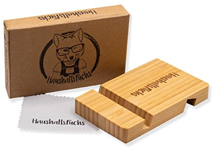 HaushaltsFuchs® 100% FSC® Bambus Halterung für Smartphone und Tablet - Holz Handyhalterung und Ständer für Büro und Schreibtisch - Handyhalter für den Tisch kompatibel mit iPhone, iPad, Samsung UVM.