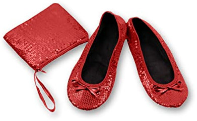 Varsany Roll Up Sequin Red Pumps - Foldable Flats Ballet Dance Ladies After Party Shoes with Foldable Bag - Women's Flat Shoes