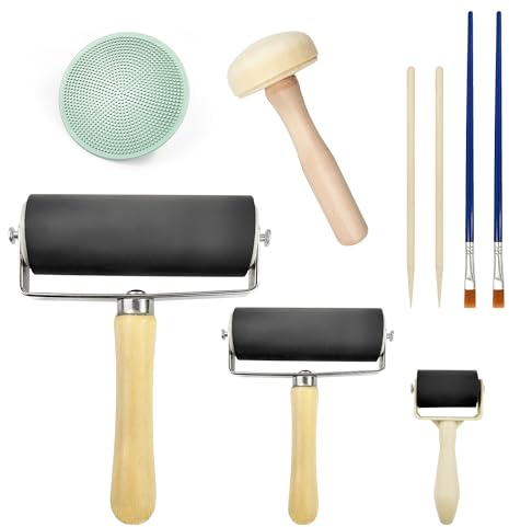 3 Piezas Rodillo para Tinta, Pintura, Impresión, Rodillo de Pegamento de Goma, 10.3/6.1/3.6 cm Rodillo Pintura Pared, Asas de Madera Rodillo Pintura, Rodillo Brayer de Goma (9)