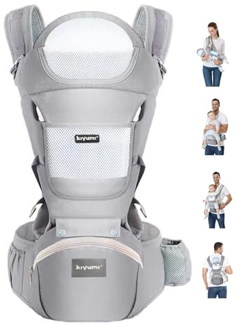 KIYUMI Baby Carrier with Hip Seat, 6- in-1 Baby Carrier Newborn to Toddler, Ergonomic M Position, Head Support and Breathable Mesh,Adjustable Removable Baby Sling Carrier (7-45 lbs), Grey