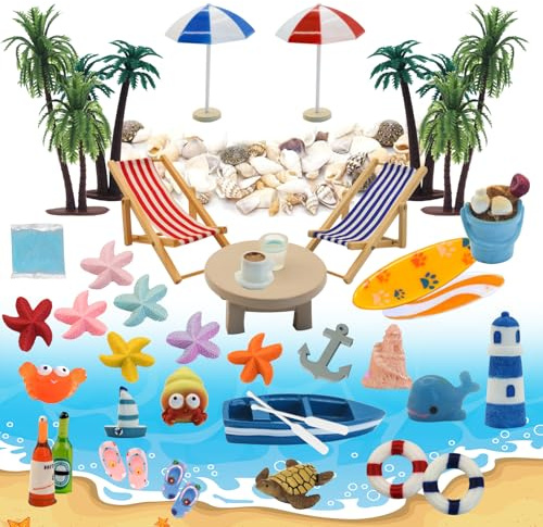 MoguGo 43 Stück Strand-Mikrolandschaft Kleine Palme Deko Accessoires Miniaturlandschaft Dekoration Sommerliche Garten-Deko Miniatur-Ornament-Set für DIY Miniatur Deko Garten Dekoration