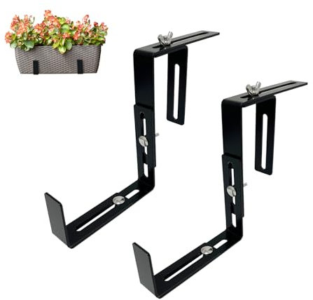 Iron Flowerpot Box Bracket, Flowerpot Box Hook, Adjustable Hanging Shelf for Installation on Balcony Railing and Fence (1 Pair, Black)