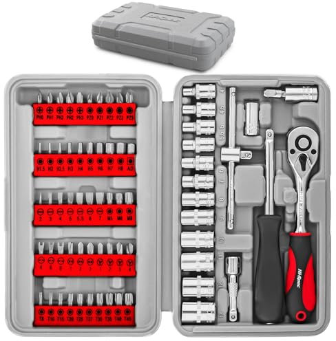Hi-Spec Juego Compacto de 69pcs con Puntas de Destornillador, Vasos Métricos de 1/4 y Mangos. Accesorios de Puntas Hexagonales de 1/4 Torx y de Seguridad Antimanipulación en Estuche