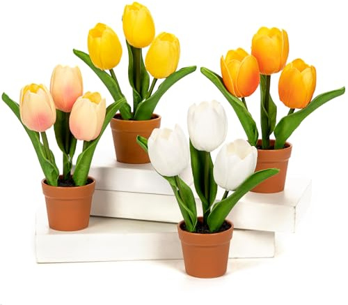 Arborus 4 st konstgjorda tulpaner 21 cm falska tulpaner i brun kruka 21 cm små konstgjorda blommor äkta beröring vårblomma krukväxt för bord bordsuppsats bröllop hem skrivbord badrumsdekor