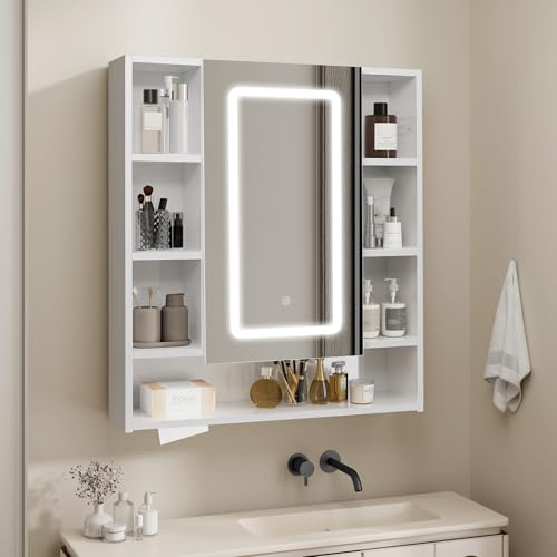 YU YUSING Specchio Bagno Contenitore con Luce LED, 72x80x13cm, Mobili Armadio Bagno con 9 Ripiani 1 Anta, Mobile Parete con Specchio, 3 Temperature di Colori Dimmerabili, Mobiletto Salvaspazio Parete