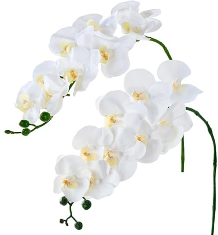 Sherika 38 Inch Orchid Artificial Flowers Real Touch Latex Fake Phalaenopsis Orchid Branches 9 Large Blooms, Faux Orchids Stems for Home Office Wedding Decoration(White, 2PCS)