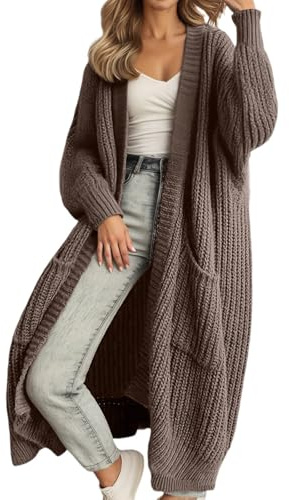 Cardigan long surdimensionné en tricot ouvert sur le devant pour femme - Vêtement d'extérieur confortable et doux - Manches bouffantes - Automne - Hiver - Automne - 2025