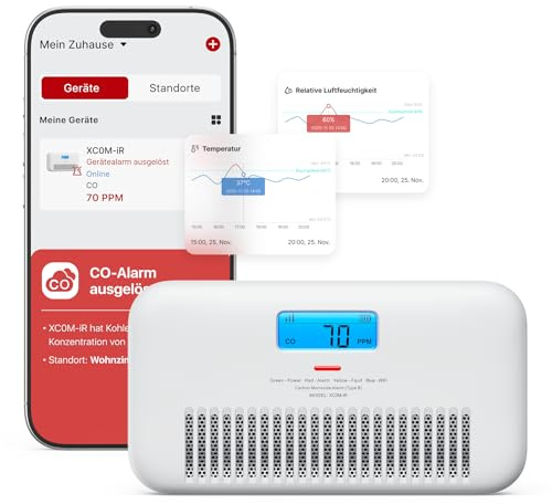 X-Sense Détecteur de Monoxyde de Carbone Connecté avec Alertes Vocales Français, Détecteur de CO avec Moniteur de Température et d'Humidité, Batterie Remplaçable, Niveau de Pic CO Historique, XC0M-iR