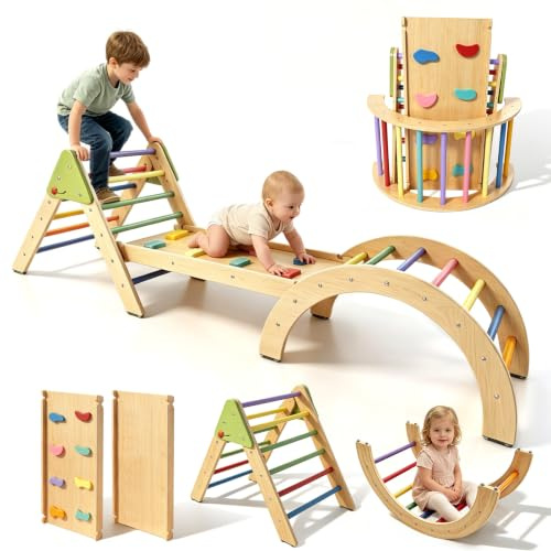 Foldable Climbing Set Wooden 7 in 1 Montessori Climber Toy for Toddler 18M+