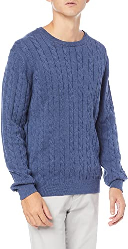 Amazon Essentials Jersey de Algodón Trenzado con Cuello Redondo Hombre, Azul Mezcla, S