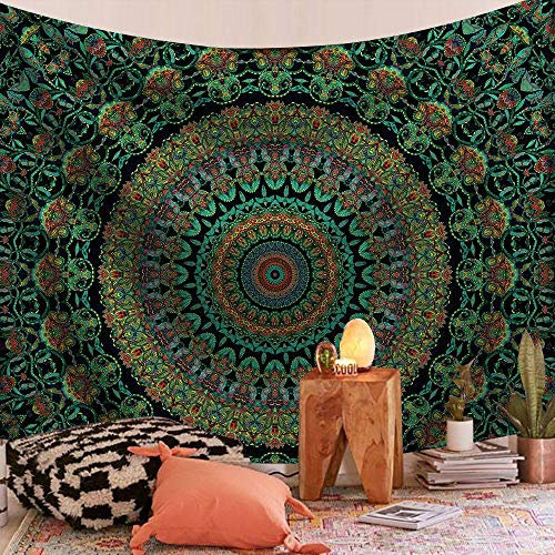 Tapisserie Murales,Psychédélique Malachite Vert Mandala Motif Bohème Hippie Tissu Imprimé Grande Taille Tapisserie Art Tenture Murale pour Chambre Salon Décor À La Maison, 150 Cm X 200 Cm