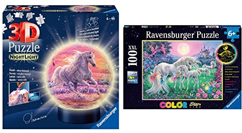 Ravensburger 3D Puzzle 11843 - Nachtlicht Puzzle-Ball Pferde am Strand - 72 Teile - ab 6 Jahren & Kinderpuzzle - 13670 Einhörner im Mondschein -Leuchtpuzzle ab 6 Jahren, mit 100 Teilen im XXL-Format