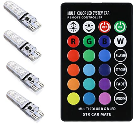 T10 W5W 194 LED Bulb, 4Pcs RGB Chips Silicone Car Wireless LED Bulbs Color-Changing Car Interior Dome Lights bulbs 6 SMD 5050 with Remote Control Exterior Side Markers Plate License Lights