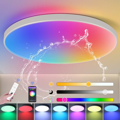 CANMEIJIA RGB Ceiling Light 24W Dimmable LED Ceiling Light,Bluetooth Bathroom Lights Ceiling with Remote Control,IP44 Waterproof Smart Ceiling Lights for Bedroom,Living Room