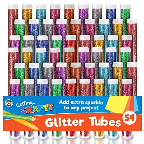 SOL 54 Pack Kids Glitter Tubes 10 Assorted Colours Fine Craft Shaker Set for Resin Slime Nail Art Wax Melts Card Making School Projects and DIY Decorations