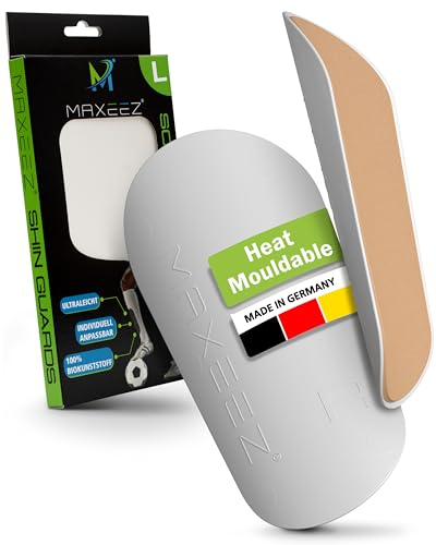 MAXEEZ – Die innovativsten Schienbeinschoner der Welt für Erwachsene und Kinder – Individuell anpassbare Schienbeinschoner Fußball Herren Damen – aus Biokunststoff sitzt bombig - Gr. L (weiß)