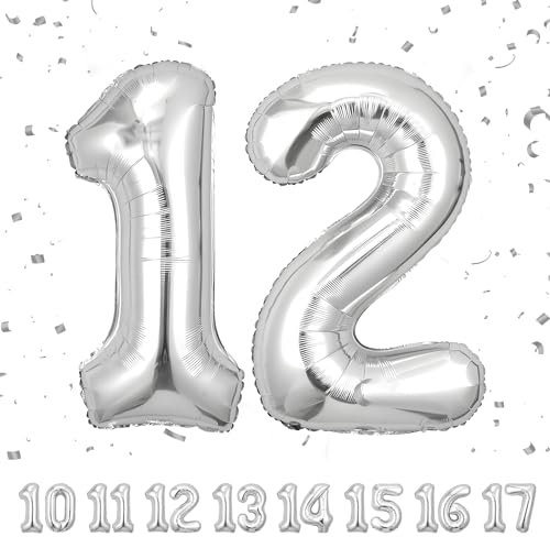 Globos de 12 cumpleaños,Plata 12 pulgadas Globo número, 12 decoraciones de Globo número cumpleaños para hombre y mujer, Globo inflable de lámina de Plata 12