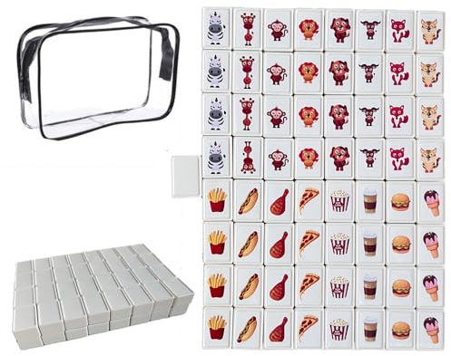 JXAXD 65 Blöcke 30mm Seaside Escape Spiel, Seaside Escape Game Blocks Mahjong aus ABS, Escape-Spiel, mit PVC Aufklebern(8 Tiermuster 8 Lebensmittelmuster)