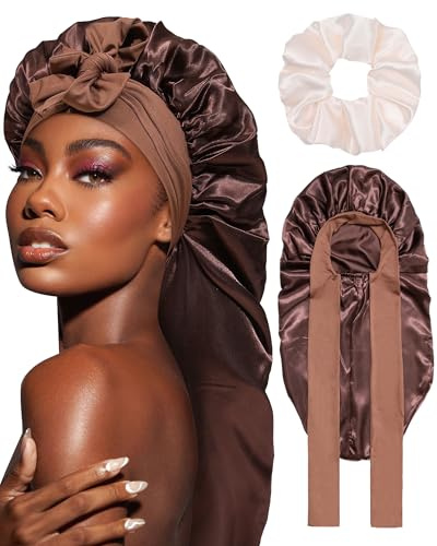 Coubeau Lång Satin Bonnet – Sidenhuva för Sömn, Justerbar Huvudbonad, Mjuk Huvudmössa, Silke Med Elastiskt Band för Kvinnor och Flickor
