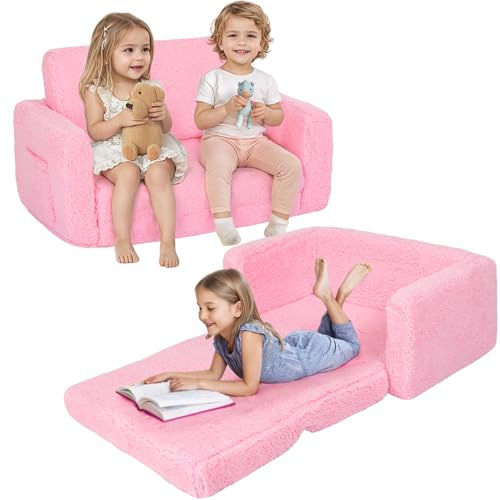 Canapé-lit 2 en 1 pour enfants, chaise extra large pour tout-petits avec poches latérales et housse amovible, fauteuils convertibles pour enfants pour filles et garçons (rose)