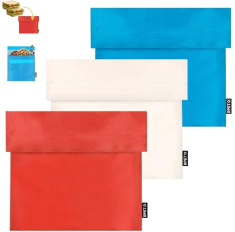 ANDINUS Set de 3 Bolsas Reutilizables para Sándwich – 18x18 cm, Lavables, Ecológicas y Sin BPA – Porta Snacks, Bocadillos y Alimentos – Colores Rojo, Blanco y Azul