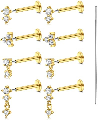AVYRING 9 pezzi Flat Back Orecchini da donna, in acciaio inox, con spina filettata, 20 g, 8 mm, spinta da naso con CZ, Helix Tragus Conch Daith Rook Cartilage Labbra, Labret Piercing gioielli, argento