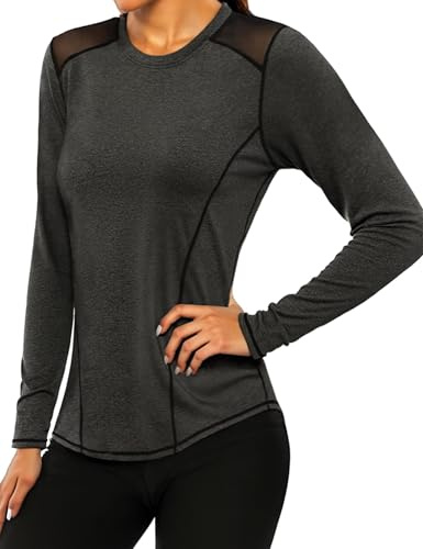 Gyabnw Camisetas Deportivas para Mujer Camisa de Manga Larga con Cuello Redondo Rápido Camisetas de Malla Mujer Yoga Fitness Top Correr y Pilates Ropa Deportiva Entrenamiento Atlético