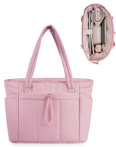 Wandering Nature Bolso Mujer Acolchado Grande, Bolso Shopper Mujer con Compartimento para Portátil 15.6 y Portabotellas 40oz para Negocios Escuela Viajes, Rosa(Patente en Trámite)