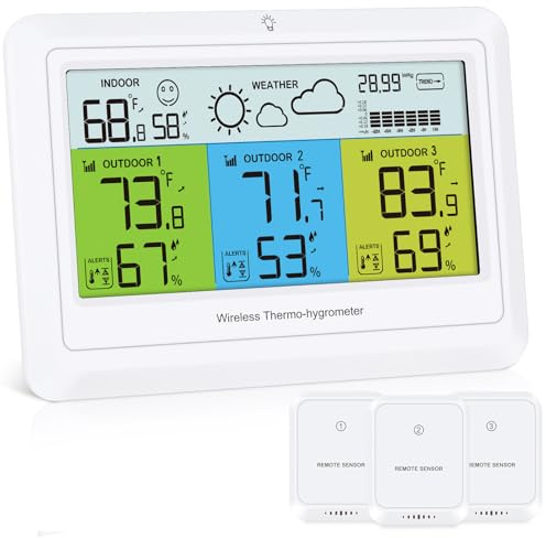 Ankilo Trådlös termometer för inomhus och utomhus, med 3 sensorer, digital termometer, hygrometer med färgdisplay, bakgrundsbelysning