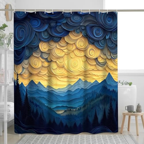 Mountain Tree Forest Shower Curtain Set, Quilling Paper Nature Landscape Shower Curtain, Cool Scenery Bathroom Accessories, Printed Pattern Decorative -72 * 78