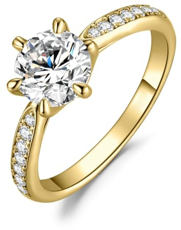 JewelryPalace 1,5 ct klassisk 14K gult guldpläterat solitärring för kvinnor med Moissanite Creation, Simulerad Diamant Guld Ringar med Sidostenar, Ring Förlovning Guld Smyckesset Kvinnor 18,5