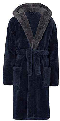 MICHAEL PAUL Dressing Gowns for Men | Super Soft Snuggle Hooded Dressing Gown in Grey Navy Black | Men's Warm and Cozy Fleece Nightwear Robe | Gifts for Him