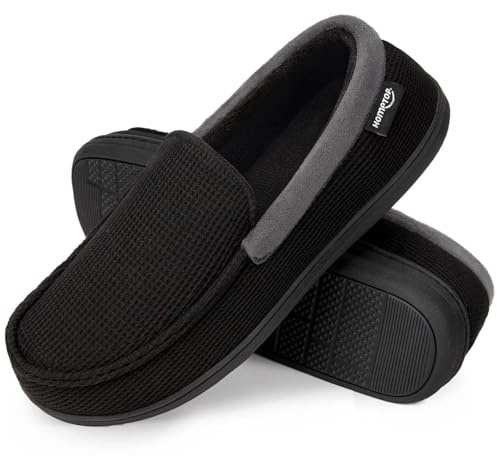 HomeTop Men's Comfort Memory Foam Moccasin Slippers, Breathable Cotton Knit Terry Cloth House Shoes for Indoor Outdoor (10 D(M) US, Black)