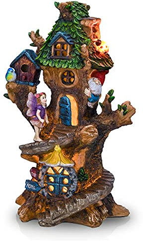 TERESA'S COLLECTIONS Garden Ornaments Outdoor, Large Tree Gnome Fairy House and Lovely Gnomes, Waterproof Resin Ornaments, Garden Decorations Gfits 32.5CM