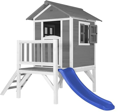 AXI Beach Lodge XL Casetta per giochi grigia con scivolo blu | Casa per bambini su palafitte con veranda in legno FSC | Piccole attrezzature da gioco per il giardino.
