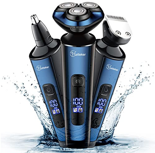 Hatteker Mens Electric Shavers Razor Beard Trimmer Rotary Facial Head Shaver for Men Sideburn Trimmer Wet Dry IPX7 Waterproof Rechargeable Cordless 3 in 1