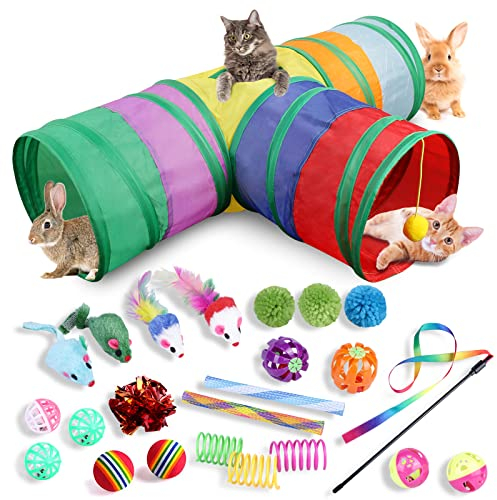 Katzenspielzeug Set,24 Stücke Katzen Spielzeug,3-Wege Katzentunnel,Faltbarer Kaninchentunnel mit Katzenbälle,Federspielzeug,Spielzeugmäuse,Interaktives Katzenspielzeug für Hasen Meerschweinchen Katzen