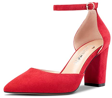 Castamere Femmes Bloc Chunky Haut High Talon Heel Pointu Bout Escarpins Lanières Cheville Boucle Mariage Party Sexy 8.5 CM Heels Rouge 43 EU