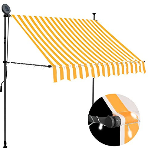 Homgoday Manual retractable awning, water and dirt repellent outdoor canopy with LED lights and hand crank, 150 cm white and orange polyester awning for garden, balcony and terrace sun shade