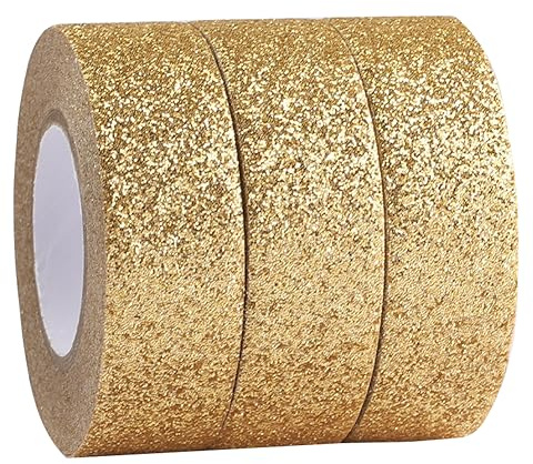 GORGECRAFT 3 rouleau de Ruban Adhésif Pailleté de 15 m X 15 mm Rubans de Masquage en Aluminium Bâton de Papier Washi Doré pour Bricolage Scrapbooking Rubans Adhésifs Décoratifs Artisanat et Cadeaux