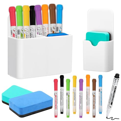Shinybox 12 Pièces Accessoires pour Tableau Blanc, 2 Pièces Porte-Stylos Magnétiques avec 2 Éponges pour Tableau Blanc, 8 Marqueurs pour Tableau Blanc, Porte-Marqueurs pour Tableau Magnétique Bureau